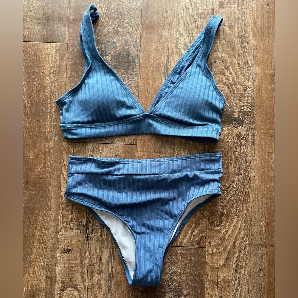 Dusty Blue Ribbed High-Waisted Bikini Swimsuit